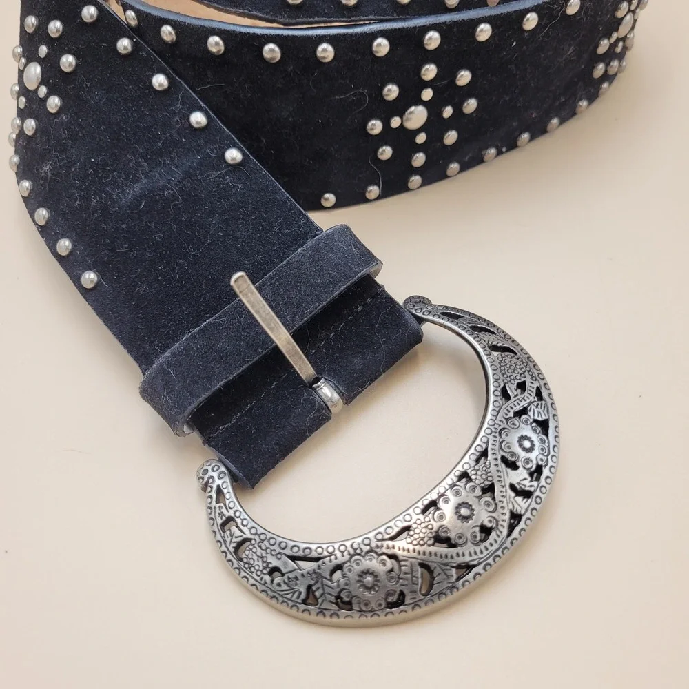 Black Suede Leather Studded Ornate Crescent Moon Floral Buckle Boho Western L